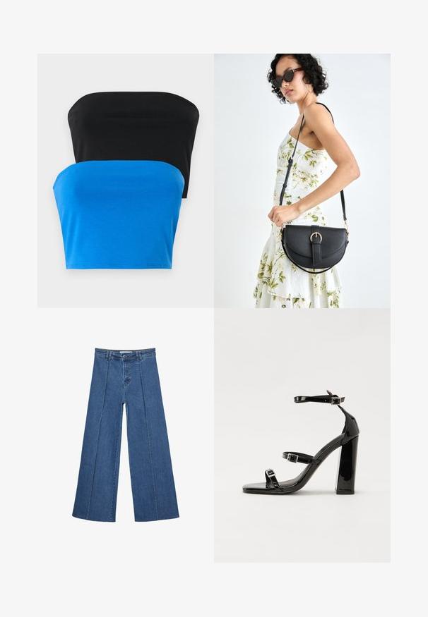 Dwa topy bez ramiączek, jeden czarny i jeden niebieski, wykonane z gładkiego materiału. Oba mają prosty dekolt i dopasowany krój.; Jeans typu wide-leg w średnim niebieskim kolorze, z wysokim stanem, zapięciem na guziki oraz kontrastowymi szwami pionowymi z przodu.; Czarne lakierowane sandały na obcasie z kwadratowym noskiem, z paskami wokół kostki i srebrnymi klamrami. Posiadają masywny słupek dla stabilności.; Czarna skórzana torebka o zakrzywionym kształcie, z odpinanym paskiem i złotymi akcentami. Torebka posiada klapę z zapięciem w kształcie klamry.