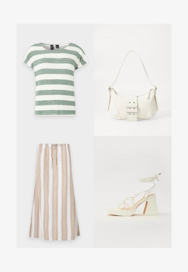 Raidallinen vihreä ja valkoinen t-paita, joka on valmistettu teksturoidusta kankaasta. Oma pyöreä kaula-aukko ja lyhyet kipsisleevers.; Raidallinen hame valkoisena ja vaaleanruskeana, jossa on nyörikiinnitys vyötäröllä ja pitkä, valuva muoto. Valmistettu kevyestä kankaasta, joka on rento istuvuus.; Valkoinen korkokenkä, jossa on paksu korko, ja joka sisältää nauhakiinnityksen ja nilkkaketjun. Sujuva pinta, jossa on platform-etupohja lisäkorkeutta varten.; Valkoinen olkalaukku, jossa on teksturoitu pinta, keskeinen solkiyksityiskohta ja kaareva muoto. Vetoketjusulkimet kummallakin puolella.