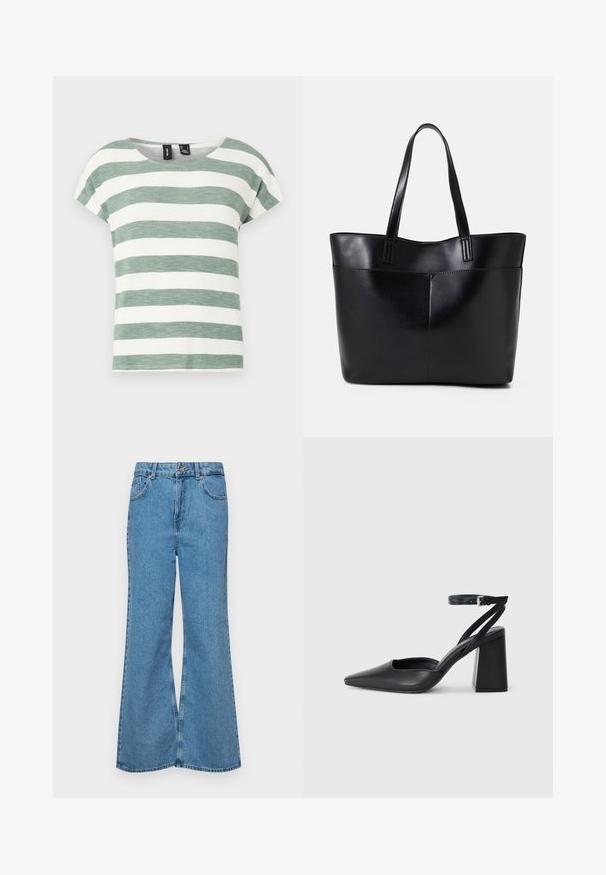 Zeleno-bež prugasta majica, izdelana iz teksturirane tkanine. Ima okroglo ovratnico in kratke rokave.; Svetlo modri razširjeni džins hlače iz denima, z visokim pasom, petimi žepi in enim gumbom za zapiranje. Mehka tekstura z blagim zbledelim videzom.; Črne usnjene klasične čevlje z ostrim nosom, z zaponko za gleženj in debelim peto. Ravna tekstura, eleganten dizajn in minimalistična estetika.; Črna usnjena torba z dvema dolgima ročajema, gladko teksturo in strukturirano obliko. Ima sprednji žep za dodatno shranjevanje.