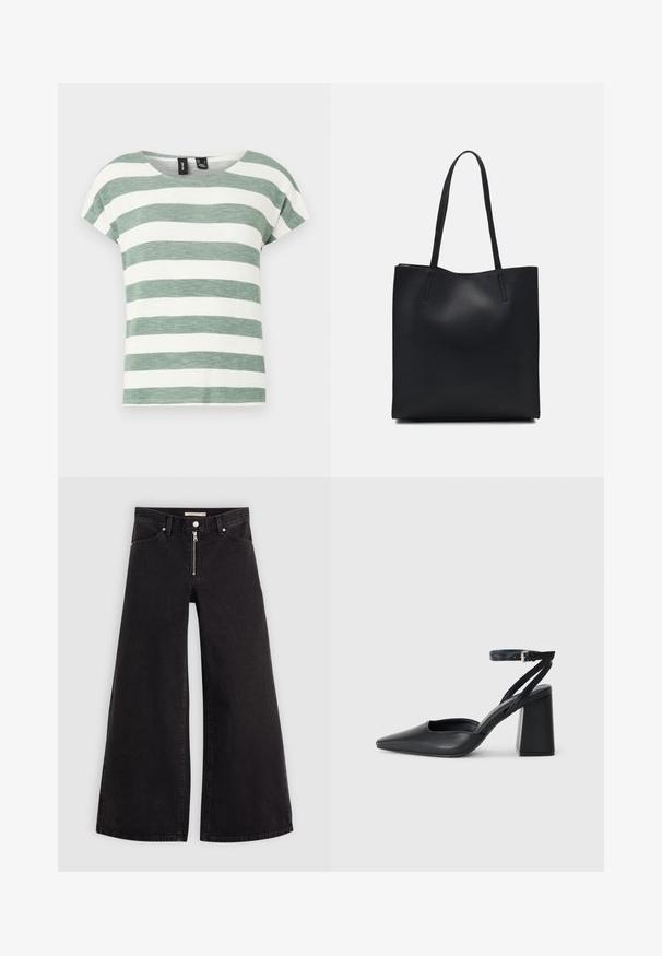 Juostuota žalia ir balta marškinėlių suapvalinta iš tekstūruotos medžiagos. Turi suapvalintą iškirpimą ir trumpas rankoves.; Plačios kojų džinsai iš juodo džinsinio audinio su užtrauktuku priekyje, penkių kišenių dizainu ir subtiliais siuvinėjimo akcentais. Lygus paviršius ir laisvalaikio stilius.; Juoda odinė smailiagalė aukštakulnio bateliai su kulkšnies dirželiu ir storu kulnu. Lygus paviršius, elegantiškas dizainas ir minimalistiška estetinė. ; Juodas odinis tote krepšys su lygia tekstūra, stačiakampio formos ir dviem ilgais rankenomis. Matomų metalinių detalių ar puošybos nėra.