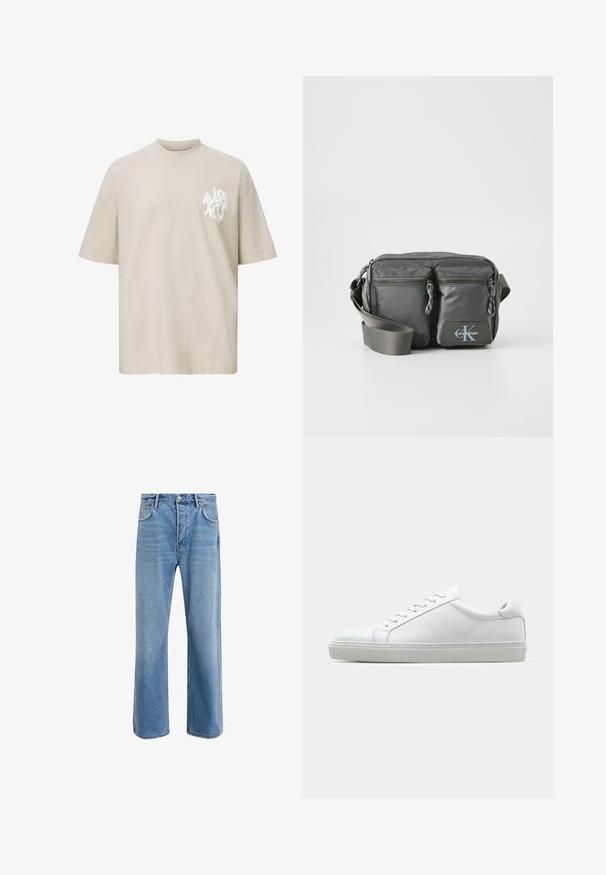 Beige oversized short-sleeve T-shirt with white abstract text logo on the left chest area.; Light blue denim jeans with a straight-leg design, five pockets, button closure, minimal fading, and contrasting stitching details.; White sneaker with a smooth leather upper and a low profile. Features a rounded toe, six eyelets, and a textured rubber sole.; Gray nylon crossbody bag with two zippered front pockets, adjustable strap, and logo accent. Smooth texture with a modern design.