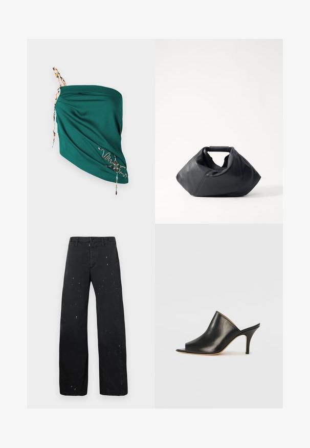 Teal draped top with textured fabric, adjustable beaded straps, and embroidered detailing in contrasting colors along the hem.; MM6 Maison Margiela PANTS - Relaxed fit jeans - black; Black leather open-toe mule with a sleek, curved design, high stiletto heel, and smooth texture. The interior features a contrasting light color.; Black leather bag with a textured exterior, unique crumpled shape, and a short handle. Features a single main compartment.