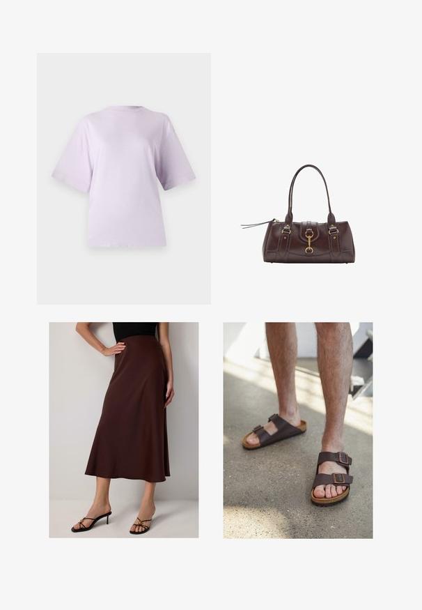 Levandulové tričko s krátkým rukávem vyrobené z měkké látky, s kulatým výstřihem a volným střihem, s hladkým, mírně texturovaným povrchem.; Krajkový korzet s krátkým střihem v barvě off-white s nastavitelnými ramínky, zdobený květinovými vzory a strukturovaným designem se zvlněným okrajem.; Hnědá saténová sukně ke kolenům s rozšířeným střihem. Má hladkou texturu a vysoký pas, doplněná černými sandály na podpatku.; Hnědé kožené sandály se dvěma nastavitelnými přezkami, korkovou stélkou a texturovanou gumovou podrážkou, nošené na boso na betonové podlaze.; Tmavě hnědá kožená kabelka s dvěma horními držadly, zlatými kováními, detailním předním zapínáním a prošívanou texturou na bocích.