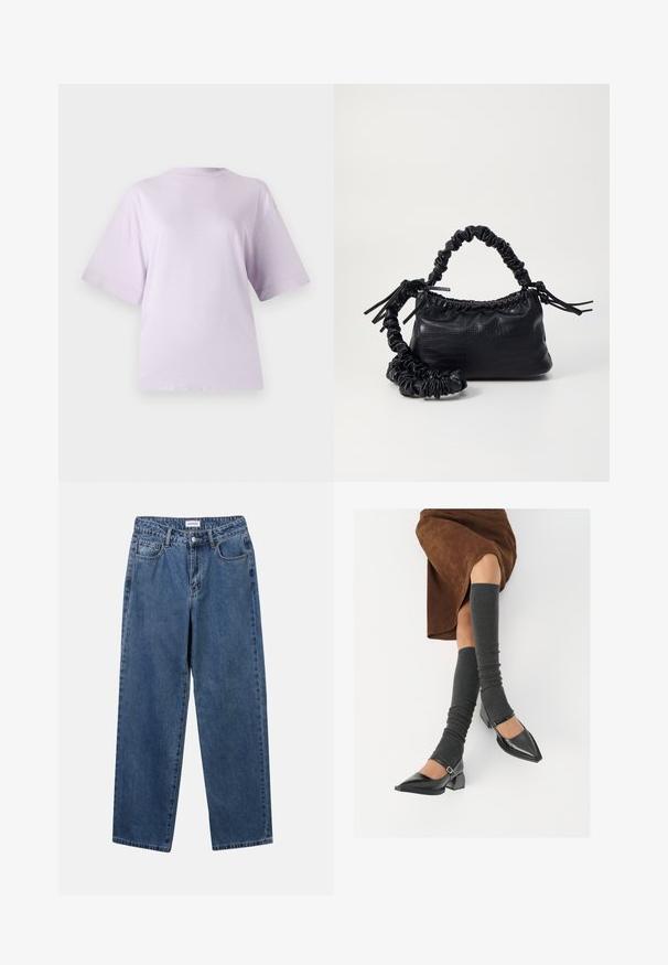 Lavender short-sleeve t-shirt made of soft fabric, featuring a round neckline and relaxed fit, with a smooth, slightly textured surface.; Classic blue denim jeans with a straight-leg design, five pockets, and a button closure. Features a medium wash and sturdy texture.; Black patent leather pointed-toe shoes with a block heel and ankle strap, paired with gray ribbed leg warmers and a brown suede skirt.; Black faux leather handbag with a crocodile texture, cinched top, and a scrunched strap. Appears soft and compact in design.