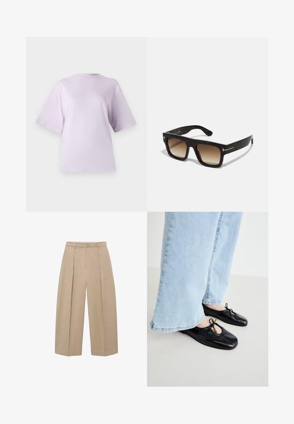 T-shirt in lavanda a maniche corte realizzato in tessuto morbido, con scollatura rotonda e vestibilità ampia, dotato di una superficie liscia e leggermente strutturata.; Pantaloni beige a gamba larga appesi verticalmente, caratterizzati da pieghe frontali e una vita piatta, che mostrano uno stile neutro ed elegante.; Ballerine in pelle nera con punta arrotondata, dotate di ritaglio e dettaglio a fiocco, indossate con jeans a gamba larga blu chiaro.; Occhiali da sole tartarugati con montatura quadrata, lenti marroni sfumate e sottili dettagli in oro sugli steli.