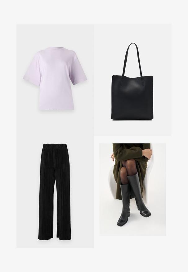 Tricou scurt cu mânecă, de culoare lavandă, fabricat dintr-un material moale, cu un decolteu rotund și o croială lejeră, având o suprafață netedă, ușor texturată.; Pantaloni negri plisati cu talie elastică. Prezintă picioare largi și un material neted, texturat, cu dungi verticale.; Cizme din piele neagră, până la genunchi, cu vârf pătrat și toc bloc, prezentate pe un model așezat într-o haină verde măsline. Textură netedă, detalii minime.; Geantă tote neagră din piele, cu textură netedă, formă rectangulară și două mânere lungi. Fără hardware vizibil sau ornamente.