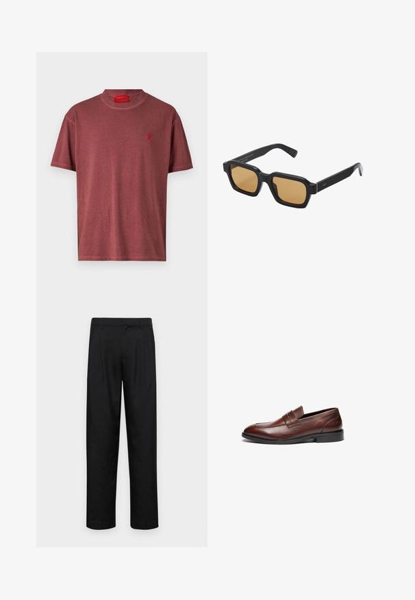 T-paita lyhythihaisella, pyöreällä kaula-aukolla, valmistettu pehmeästä viininpunaisesta kankaasta. Vasemmassa rintataskussa on pieni punainen liekkilogo.; Mustat housut, jotka on valmistettu sileästä kankaasta, suoran lahkeen muotoilulla, kahdella etupleekillä ja tavanomaisella vyötäröllä, jossa on vyölenkit.; Ruske nahkatohtori preppikojoilla, joissa on sileä pinta, pyöreä kärki, koristeellinen hihna ja musta kumipohja. Sisältää vähäisiä ompelutietoja.; Epäonnistui luomaan alt-tekstiä; Kangasolku off-white värviga, millel on lühikesed käepidemed ja prinditud tekst "LES DEUX" mustade paksude tähtedega. Vastupidav, lihtne disain.