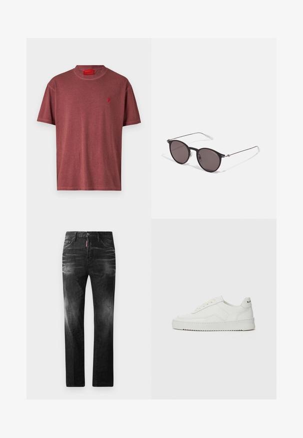 Short-sleeve, round-neck t-shirt made of soft, burgundy fabric featuring a small red flame logo on the left chest area.; Black denim jeans with a straight fit. Features faded areas, minor distressing, classic five-pocket design, and a button closure.; White leather sneaker with a smooth finish, round toe, flat laces, and a textured sole. Features a subtle logo on the heel.; Black round sunglasses with dark lenses and slim metal arms. Includes clear temple tips and silver accents at the hinge. Minimalist design.