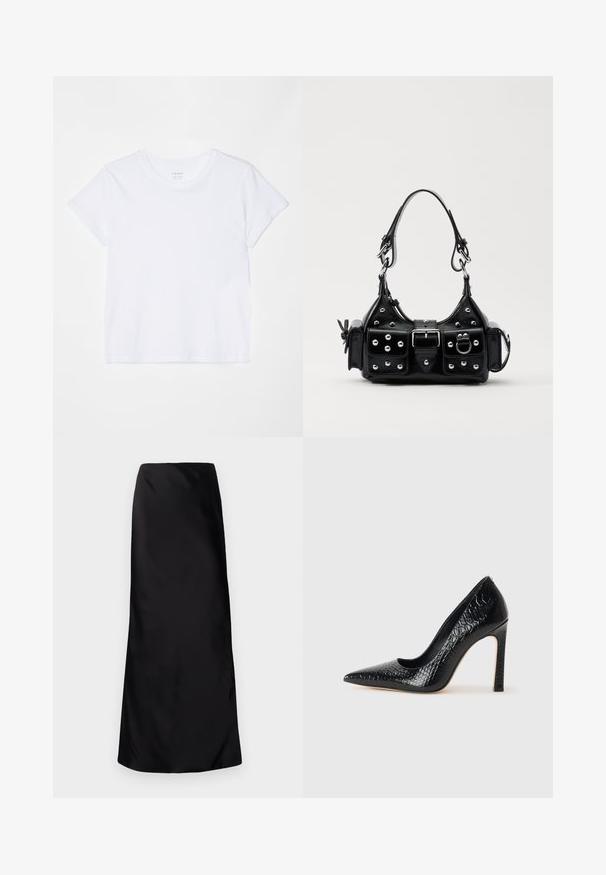 FRAME BABY TEE - T-Shirt basic - white; Norma Kamali BIAS OBIE SKIRT - Maxirock - black; Schwarzer, spitz zulaufender High Heel mit Krokodilleder-Struktur, elegantem Design, hohem Stiletto-Absatz und glattem schwarzen Innenraum.; Schwarze Lederhandtasche mit einem geschwungenen Design, verziert mit silbernen Nieten, einer Schnalle und zwei seitlichen Taschen. Verstellbarer Träger für verschiedene Tragemöglichkeiten.