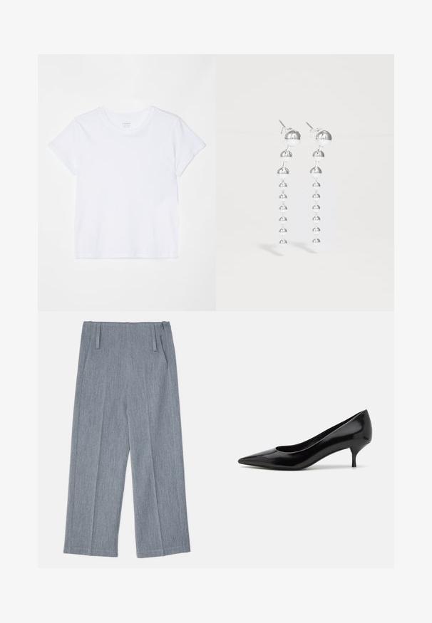 FRAME BABY TEE - Paprasti marškinėliai - white; Šviesiai pilkos, plačios kojų kelnės, pagamintos iš tekstūruoto audinio, su dviem priekinėmis klostėmis ir dviem šoninėmis kišenėmis. Tvarkingas, tikslais pritaikytas dizainas.; Juodas lakuotas aukštakulnis batelis su smailiu pirštu ir žemu stiletu. Lygus paviršius ir minimalistiškas dizainas, be matomų raštų ar akcentų.; Sidabrinės kabantys auskarai, kuriuose yra serija sferinių karoliukų, keičiantis dydžiais. Poliruotas paviršius su elegantišku, moderniu dizainu.