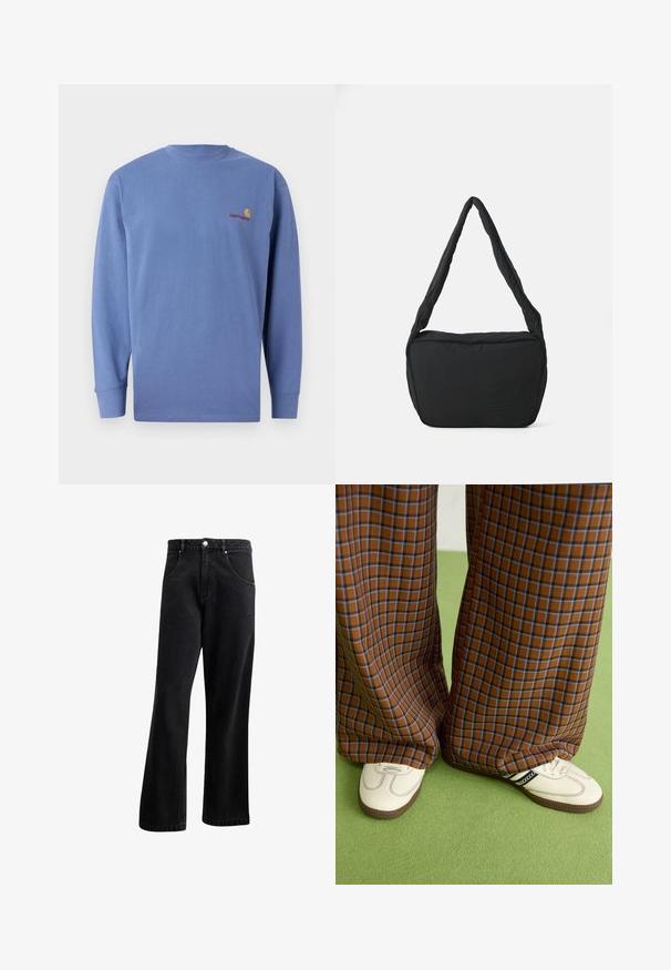 Modrý dlouhý rukáv tričko vyrobené z bavlny, s kulatým výstřihem a malým červeným vyšitým logem na prsou. Jednoduchý design.; Černé džíny z denimu se střihem rovného nohavice, s předními kapsami, zapínáním na knoflík a mírnou texturou. Obsahují jemný detail s logem.; Hnědo-modré kostkované široké kalhoty doplněné bílými botami s černými akcenty a texturovanou podrážkou, umístěné na zeleném pozadí.; Černá ramenní taška s polstrovanou texturou, zaobleným tvarem a širokým popruhem, na jejíž přední straně je vyražené logo.