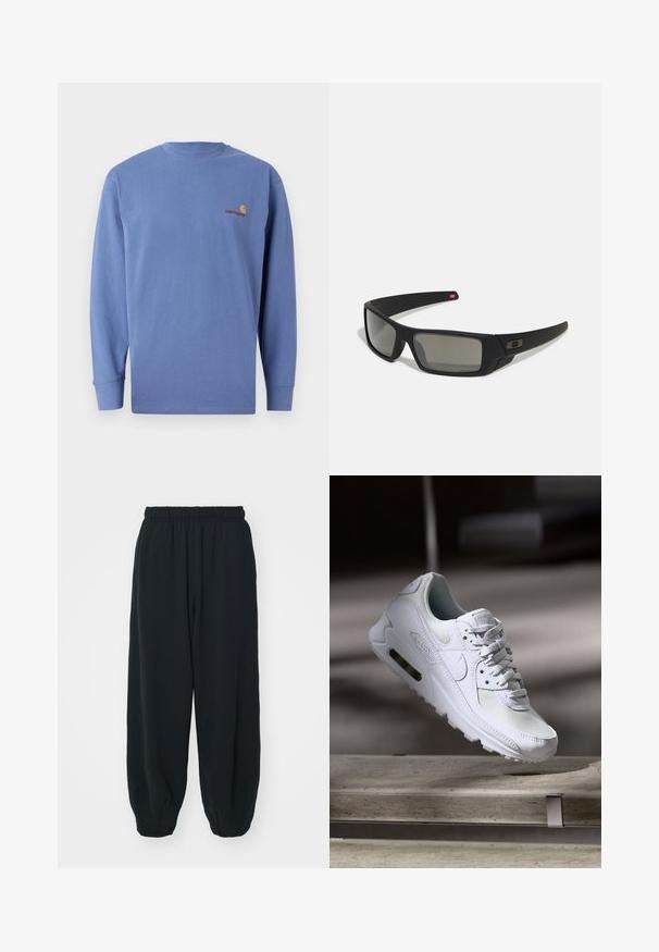 Sinine pika varrukaga T-särk, mis on valmistatud puuvillast, ümarate kaelustega ja väikese punase tikandiga logo rinnal. Lihtne disain.; Mustade elastse vöökoha ja laia lõikega dressipüksid, mansetiga sääred, sile tekstuur ning ilma nähtavate mustrite või detailideta.; Valged Nike Air Max 90 sneakers, millel on võrkkangast ja nahast ülemine osa, aukudega varbadosa ning nähtav õhuüksus kandades.; Mustad mustaga viimistlusega prillid, ristkülikukujulised läätsed, templite kerge kõverus, diskreetne logo detail ja suitsutatud läätsed.