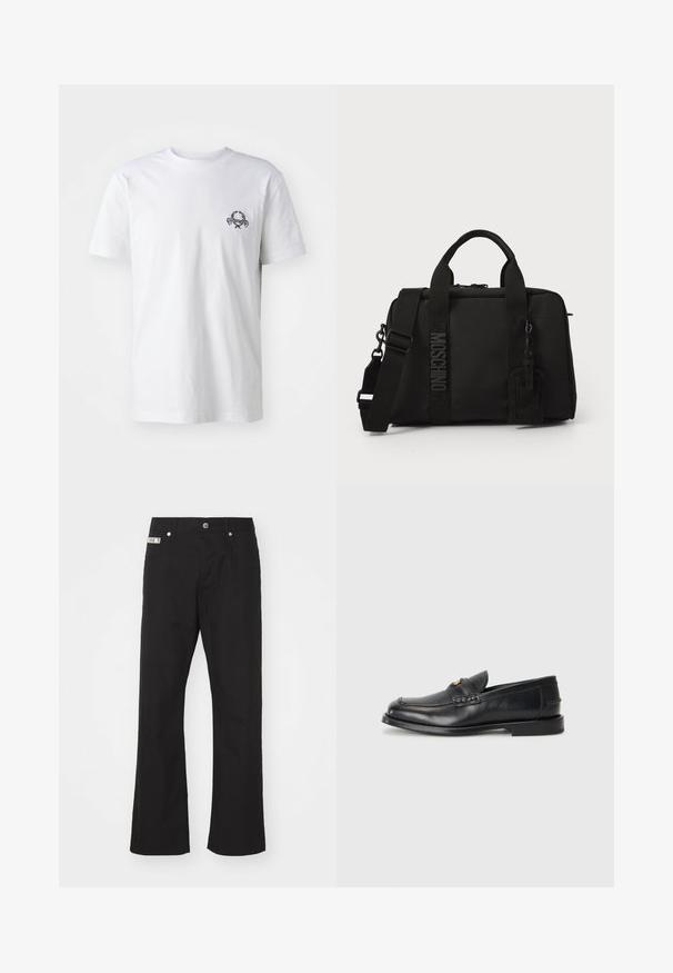 Hvid bomulds T-shirt med et lille sort broderet design på brystet; korte ærmer og en klassisk rund hals.; Svarte bomuldsbukser med lige ben-design, der har en frontknaplukning, to sidelommer og et lille mærke på linningen.; Sorte læder loafers har en afrundet tå, syede detaljer og en lille gylden accent foran. Sålen er flad og diskret.; Sort tekstilpose med dobbelthåndtag og aftagelig skulderrem. Har prægget logo og lædermærke. Glat tekstur, rektangulær form.