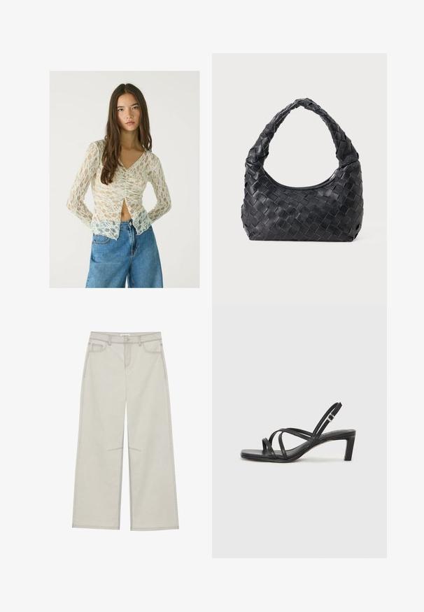 Dugme s dugim rukavima, čipkast top u nijansi off-white s V-izrezom i naboranim detaljem sprijeda. Uparen s hlačicama od svijetloplavog denima visokog struka.; Svijetlosivi široki hlače s pet džepova, prednjim kopčanjem na dugme i kontrastnim šavovima. Tkanina izgleda mekano i izdržljivo.; Crne sandale s trakama, kvadratnim prstom i niskom blok petom. Ima više tankih trakica i podesivu trakicu oko gležnja. Izrađene su od glatke kože.; Crna kožna torba za rame s pletenim uzorkom, zaobljenom drškom i oblikom u obliku polumjesece na jednobojnoj pozadini.
