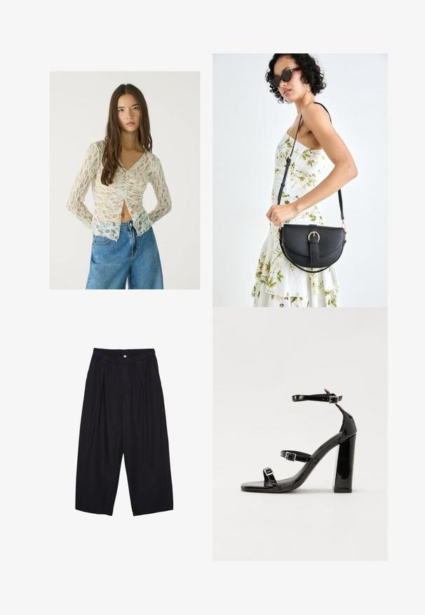 Dugme s dugim rukavima, čipkast top u nijansi off-white s V-izrezom i naboranim detaljem sprijeda. Uparen s hlačicama od svijetloplavog denima visokog struka.; Crne poliester hlače culotte s elastičnim pojasom, dva prednja nabora i širokim krojem. Nema vidljivih uzoraka ili metalnih detalja.; Crne lakirane sandale na pete sa kvadratnim nosom, trakama oko gležnja i srebrnim kopčama. Imaju čvrst blok petu za stabilnost.; Crna kožna torba s lukovitim oblikom, odvojivim remenom i zlatnim detaljima. Torba ima preklop s kopčom.