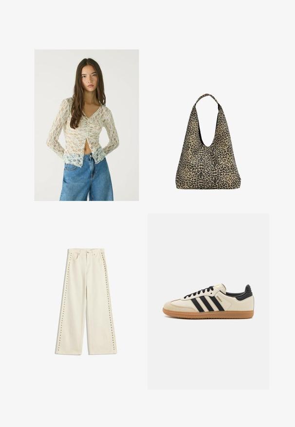 Langärmliges, spitzenbesetztes Oberteil in Off-White mit V-Ausschnitt und gerafftem Frontdetail. Kombiniert mit hochgeschnittenen, hellblauen Denimshorts.; Helle cremefarbene weit geschnittene Jeans mit Metallnieten entlang der äußeren Nähte, fünf Taschen und einem normalen Knopfverschluss.; Beige Sport Schuh mit schwarzen Streifen, Gummisohle und schwarzen Akzenten. Verfügt über ein Obermaterial aus glattem Leder und ein rundes Zehendesign.; PULL&BEAR Shopping Bag - mottled dark brown