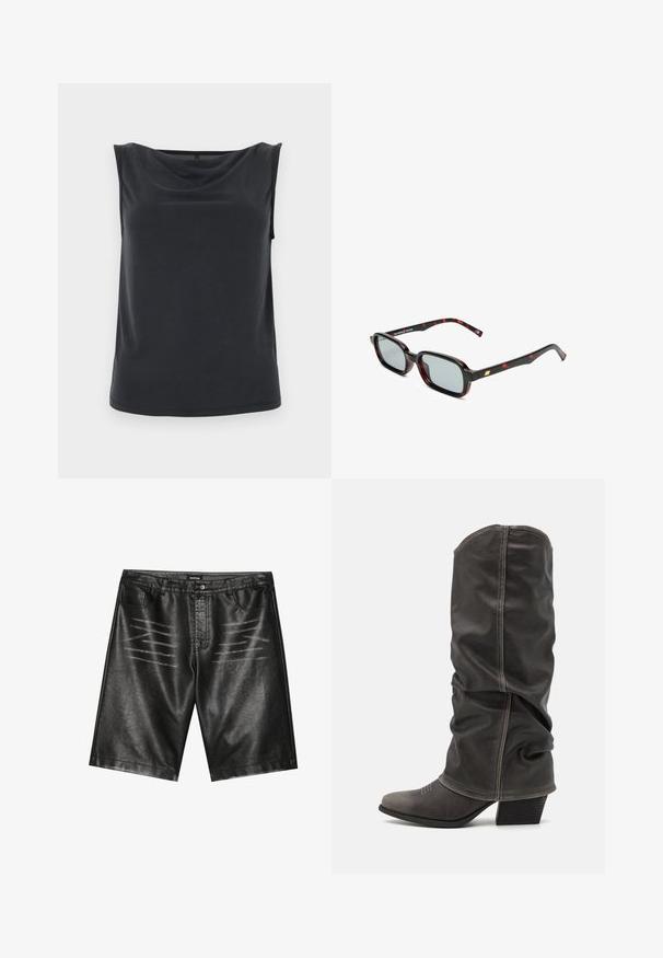 Must mustriga top, millel on langev kaelus, valmistatud siledast kangast; omab kitsast lõiget ja sirget äärt.; Mustad kunstnahast šortsid, millel on sile tekstuur, viis taskut ja peened triibud ees. Klassikaline sirge lõike disain.; Hallid hall nahk-saapad, mis ulatuvad säärtesse ja millel on lohkuv disain, terav nina ja kihiline konts. Tähelepanuväärne õmblemise detail varvaste piirkonnas.; Kandilised mustad ja punased mustriga raamid, hallid läätsed ja kuldne aksent tempel. Disain on elegantne ja kaasaegne.; Musta käärmeprindiga kott kõveraga käepidemega. Valmistatud tekstiilsetest, beežidest ja pruunidest materjalidest, millel on iseloomulik rombikujuline muster.