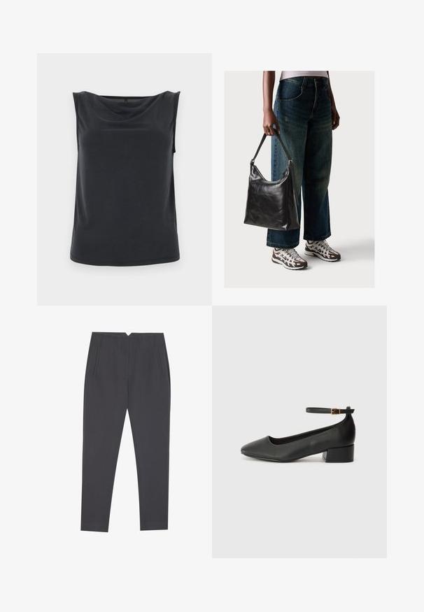 Juodas nesandarus marškinėliai su drapiruotu iškirpimu, pagaminti iš sklandžios medžiagos; turi prigludusį dizainą ir tiesų hemą.; Tamsiai pilki siauriniai kelnių su šoninėmis kišenėmis ir priekinėmis raukšlėmis, sukurtos pritaikytam modeliui.; Juodas odinis aukštakulnis batelis su smailiu pirštu ir žemu bloku. Su kulkšnies dirželiu su auksinės spalvos sagtimi. Lygus paviršius.; Juodas odinis peties krepšys su lygiu paviršiumi ir reguliuojama dirželiu, derinamas su nublukusiais plačiapurčiais džinsais ir sportiniais batais.