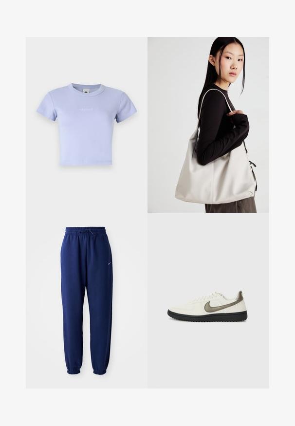 Lichtpaarse ribgebreide katoenen crop t-shirt met korte mouwen en een ronde hals. Voorzien van een subtiele geborduurde logo aan de voorkant.; Marineblauwe joggingbroek van zachte stof, met een elastische tailleband met trekkoord, elastische boorden en een klein wit logo.; Nike Sportswear FIELD GENERAL - Sneakers laag - off-white/black; Beige handtas gemaakt van zacht materiaal, met een slonzig ontwerp, gestikte details en twee schouderbanden. Geschikt voor dagelijks gebruik.