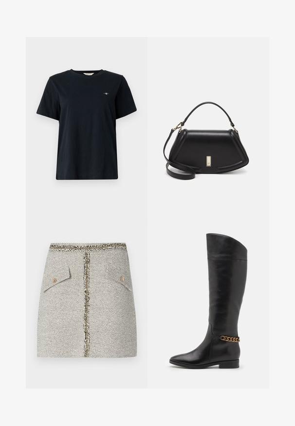 Czarny bawełniany t-shirt z krótkimi rękawami, okrągłym dekoltem i małym haftem logo po lewej stronie klatki piersiowej. Klasyczny, luźny krój.; Tkaninowa spódnica z tweedu w białym i czarnym wzorze w jodełkę, posiada dwie przednie kieszenie oraz złoty zamek błyskawiczny z tyłu z postrzępionymi krawędziami.; Wysokie czarne skórzane botki o eleganckim designie, ze spiczastym noskiem i złotym łańcuszkiem na kostce. Niski blokowy obcas. Gładka tekstura.; Czarna skórzana torebka o strukturalnym designie, z przyciętą formą, górnym uchwytem i złotymi akcentami. W zestawie regulowany pasek na ramię.