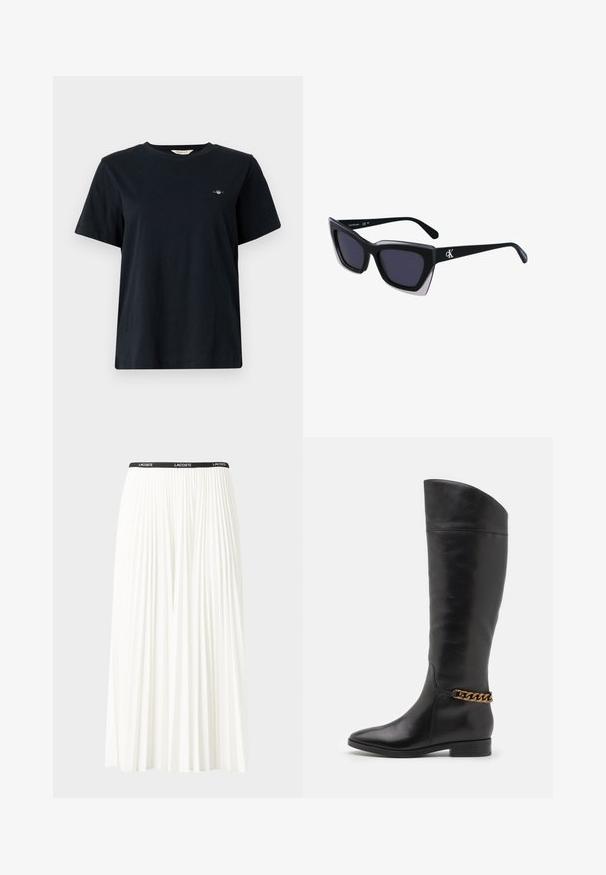 T-shirt noir en coton à manches courtes, col rond, avec un petit logo brodé sur la poitrine gauche. Coupe classique et décontractée.; Jupe plissée blanche avec une taille élastique noire portant le logo "LACOSTE". Design mi-long avec une texture douce.; Bottes en cuir noir hautes au design épuré, avec un bout pointu et un accent en chaîne dorée à la cheville. Talon bas en bloc. Texture lisse.; Lunettes de soleil noires surdimensionnées avec une forme géométrique, dotées de verres foncés et d'un détail gris contrastant sur la monture. Logo sur la branche.