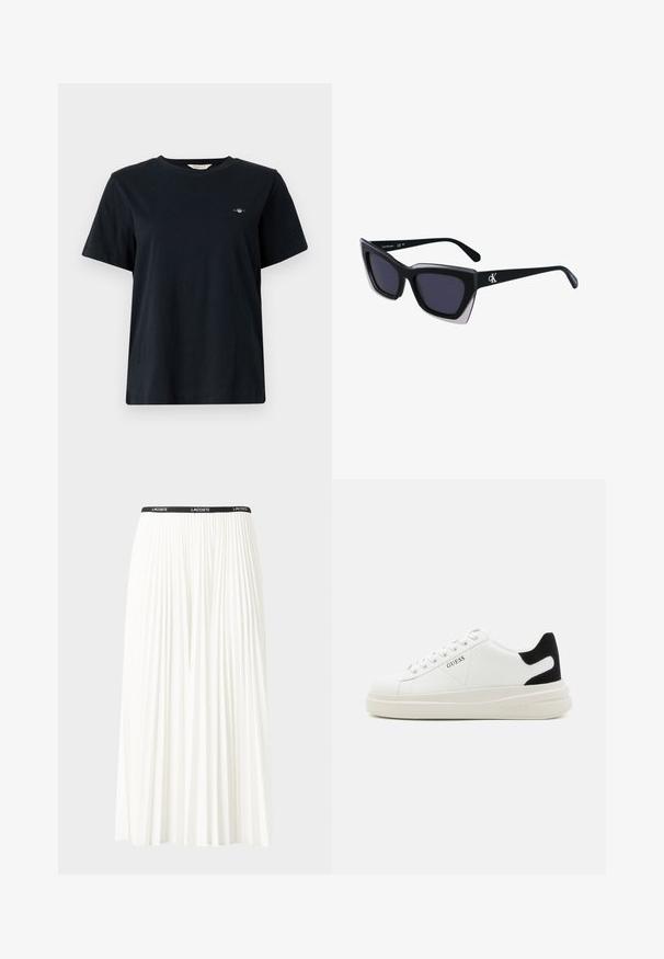 Fekete pamut póló rövid ujjakkal, kerek nyakkivágással és kicsi logós részletezéssel a bal mellen. Klasszikus, laza fazon.; Plisszírozott fehér szoknya fekete elasztikus derékkal, amelyen a "LACOSTE" logó található. Középhosszú kialakítás, puha tapintással.; Fehér bőr sportcipők vastag fehér talppal, fekete velúr sarokpikkelyel és dombornyomott logóval az oldalon. Fűzős kialakítás, hat fűzőlyukkal.; Fekete, nagyméretű napszemüveg geometrikus formával, sötét lencsékkel és kontrasztos szürke részlettel a kereten. Logó a szárán.