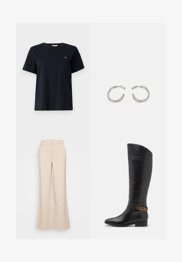 T-shirt in cotone nero con maniche corte, scollatura rotonda e piccolo logo ricamato sul lato sinistro del petto. Vestibilità classica e rilassata.; Pantaloni beige a gamba larga con una texture liscia, caratterizzati da una vita alta e due tasche frontali. Design pulito con una vestibilità sartoriale.; Alti stivali in pelle nera dal design elegante, punta affusolata e dettagli in catena dorata alla caviglia. Tacco a blocco basso. Texture liscia.; Orecchini a cerchio in argento con un design liscio e arrotondato e una finitura lucida e elegante. Presentano una forma minimalista con una leggera apertura.