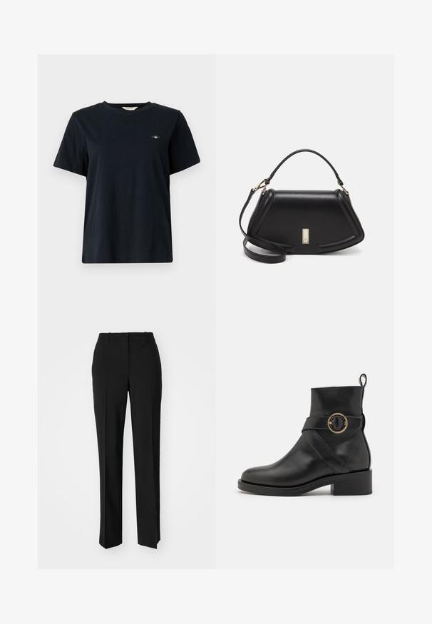 Czarny bawełniany t-shirt z krótkimi rękawami, okrągłym dekoltem i małym haftem logo po lewej stronie klatki piersiowej. Klasyczny, luźny krój.; Czarne spodnie o dopasowanym kroju z prostymi nogawkami, o gładkiej fakturze i wyraźnych zagięciach z przodu. Bez widocznych elementów metalowych.; BOSS IRYNA czarny; Czarna skórzana torebka o strukturalnym designie, z przyciętą formą, górnym uchwytem i złotymi akcentami. W zestawie regulowany pasek na ramię.