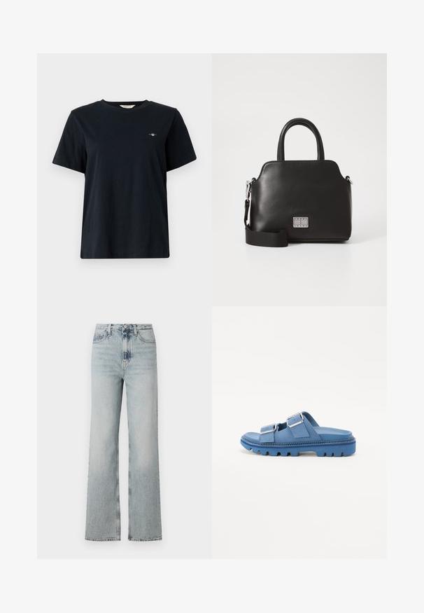 Black cotton t-shirt with short sleeves, crew neckline, and small logo detail embroidered on the left chest. Classic, relaxed fit.; High-waisted, light blue denim jeans with a wide-leg silhouette, featuring five pockets and subtle fading along the fabric.; Blue platform sandals with two adjustable buckle straps, textured rubber sole, and smooth upper material. Chunky, rounded design.; Black synthetic handbag with top handles, detachable shoulder strap, rounded shape, smooth texture, and silver logo accent on the front.