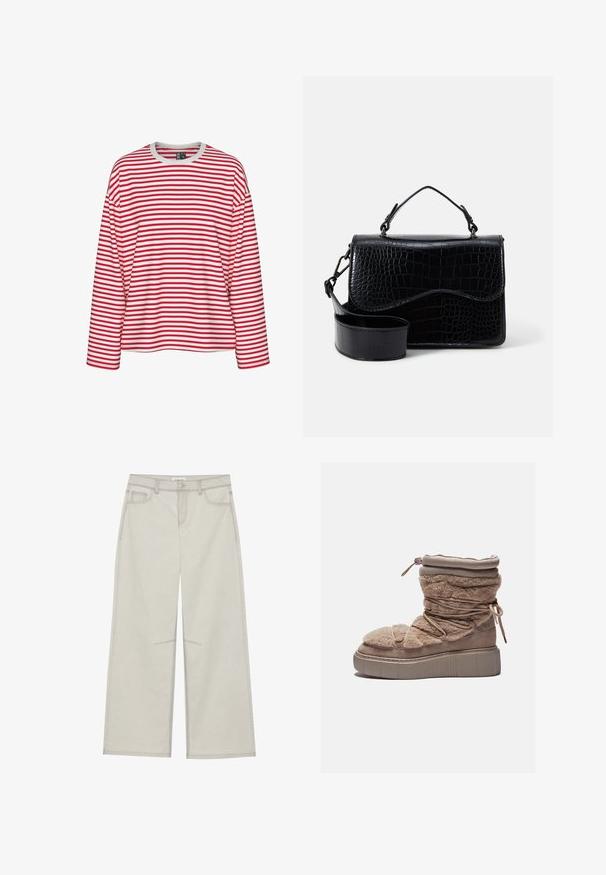 Red and white striped long-sleeve shirt, featuring a crew neckline and relaxed fit. Soft fabric with even stripe pattern.; Light gray wide-leg pants with five pockets, front button closure, and contrast stitching along seams. Fabric appears soft and durable.; Furry beige ankle boot with a chunky platform sole, gathered upper, and elastic laces. Features a zip closure and soft fabric texture.; Black faux leather crossbody bag with a textured crocodile pattern, a top handle, and an adjustable strap. Feature: curved flap closure.