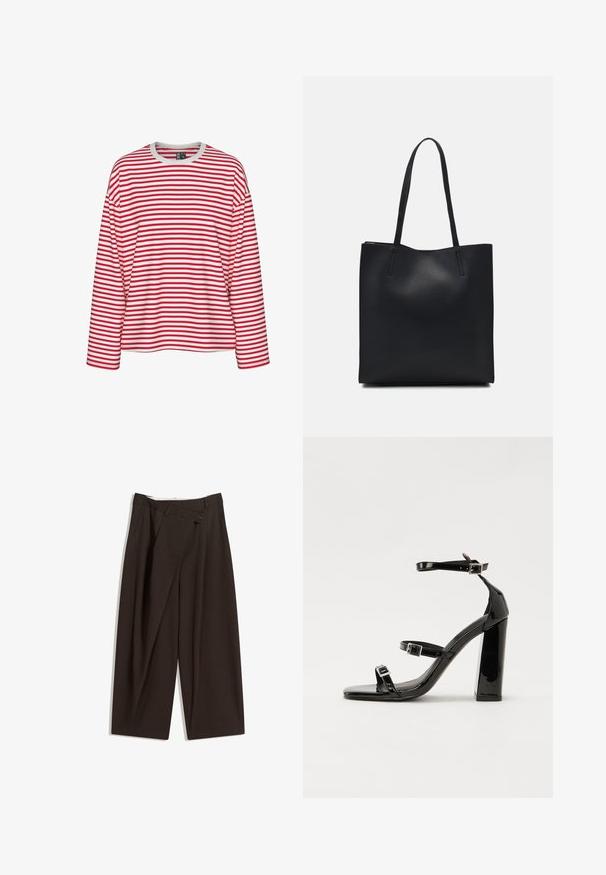Rot-weiß gestreiftes Langarmshirt mit Rundhalsausschnitt und lockerer Passform. Weicher Stoff mit gleichmäßigem Streifenmuster.; Dunkelbraune, weite Hosen mit hohem Bund, die über einen einzigen Knopfverschluss und eine gefaltete Vorderseite verfügen. Hergestellt aus leichtem Stoff.; Schwarze Lackleder-Sandalen mit hohen Absätzen, zwei Riemen mit Schnallen, quadratischer Zehenpartie und klobigem Blockabsatz, mit einer glatten, glänzenden Textur.; Schwarze Laptoptasche aus Leder mit glatter Textur, rechteckiger Form und zwei langen Griffen. Keine sichtbaren Beschläge oder Verzierungen.
