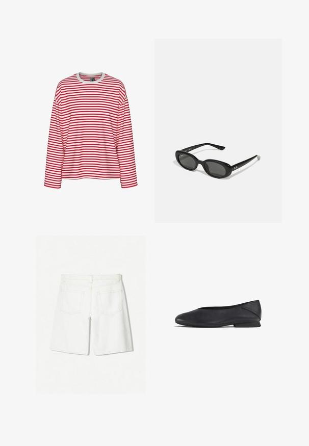 Rot-weiß gestreiftes Langarmshirt mit Rundhalsausschnitt und lockerer Passform. Weicher Stoff mit gleichmäßigem Streifenmuster.; Weiße Denim-Shorts mit einem geraden Schnitt, hoher Taille, zwei Gesäßtaschen und dezenten Steppnähten.; Schwarze Lederflats mit runder Zehenpartie und niedrigem Absatz, geeignet für Freizeit- oder formelle Anlässe.; Schwarze Sonnenbrille mit ovalen Gläsern, glänzendem Kunststoffrahmen und schlanken Bügeln. Mit Ray-Ban-Logo in Weiß an der Seite.