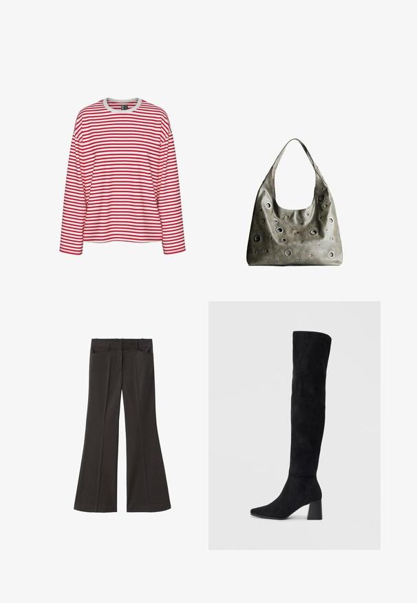 Červené a biele pruhované tričko s dlhým rukávom, s okrúhlym výstrihom a voľným strihom. Mäkká látka s rovnomerným pruhovaním.; Čierne rozšírené nohavice s vysokým pásom; majú dve bočné vrecká a hladkú textúru látky. Vhodné na rôzne príležitosti.; Čierna semišová kozačka po kolená s blokovým podpätkom, špicatou špičkou a hladkým, bezšvovým dizajnom na jednoduchom svetlom pozadí.; Olive zelená kožená kabelka so spadnutým dizajnom, obsahujúca rôzne veľkosti kruhových výrezov a akcenty v tmavších a svetlejších odtieňoch.