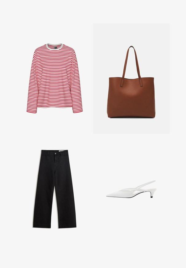 Maglietta a maniche lunghe a righe rosse e bianche, con scollatura rotonda e vestibilità rilassata. Tessuto morbido con un pattern a righe uniforme.; Pantaloni in denim neri a gamba larga con vita alta, dotati di tasche anteriori e posteriori, cuciture a punto, e chiusura con bottone. Texture liscia.; Décolleté bianco con punta affilata, caratterizzato da una tomaia liscia, sottili aperture e un tacco a blocco basso. La suola nera esalta il design.; Borsa tote in pelle marrone con texture liscia, design con apertura superiore e due spallacci. Presenta cuciture minime e nessun hardware visibile.