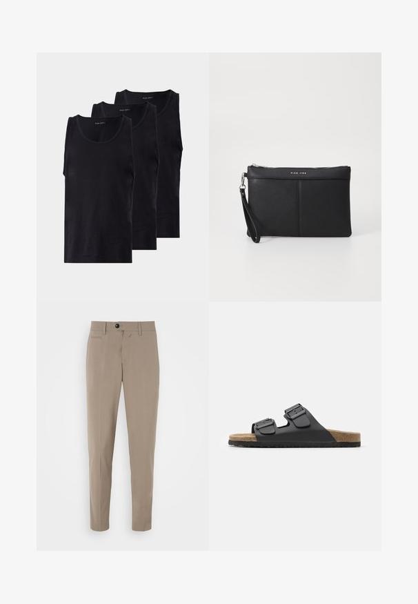 Melni kokvilnas Topiņi trīs komplektā, ar apaļu kakla izgriezumu un bez piedurknēm, gluda tekstūra un klasiskā piegriezuma.; Beige pieguļoši bikses ar šauru piegriezumu, ar rāvējslēdzēju un priekšējo kabatu. Izgatavotas no gluda auduma ar asu izskatu.; Melna slaidu sandale ar divām regulējamām sprādzēm, teksturētu iekšējo daļu un korķim līdzīgu zoli. Iezīmē platu, plakanu dizainu komfortam.; Melna sintētiska rokassoma ar rāvējslēdzēja aizdari, roku siksnu un gludu tekstūru. Iezīmējas ar smalku šūšanu un logo iespiestu priekšpusē.