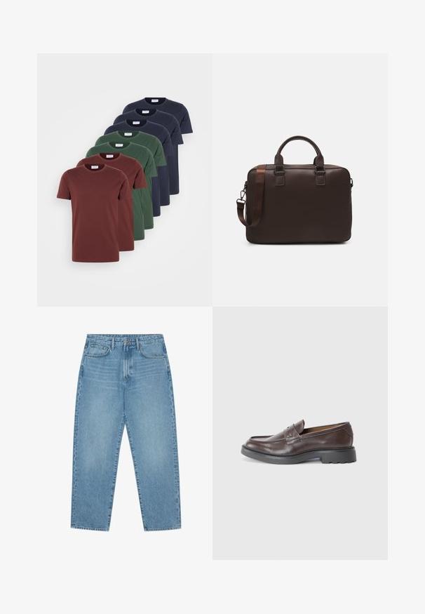 Sett med fem t-skjorter med rund hals i burgunder, grønn og marineblå, laget av glatt bomullstoff med korte ermer og en avslappet passform.; Lyseblå jeans i denim med rett ben, fem-lommers design og en lett falmet tekstur. Har knappe- og glidelåslukking.; Brune lærloafers med en glat finish, rund tå, minimal syning og en tyk sort gummisål. Ingen synlig hardware eller accenter.; Brun lærveske til bærbar datamaskin med en strukturert overflate, doble topphåndtak, justerbar stropp og to frontspenner for ekstra detalj.