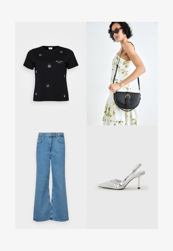 Svart bomulls T-skjorte med korte ermer, med spredte hvite håndveskemotiver og et skript-design som leser "Essential Love."; Lyseblå vide jeans laget av denim, med høyt liv, fem lommer og en enkelt knappelukking. Myk tekstur med falmet finish.; Sølv slingback høyhelte sko med spiss tå, metallisk finish, to dekorative stropper, og en slank hæl med svart tupp.; Svart lærveske med en buet form, avtagbar stropp og gullbeslag. Vesken har et klaff med spenne-detall.