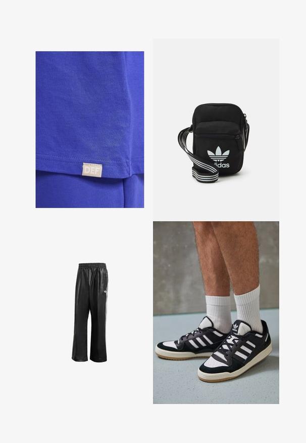 Modra bombažna majica z gladko teksturo, kratkimi rokavi in pravokotno tkaninsko etiketo z besedilom "DEF" blizu roba.; Črne sintetične športne hlače z elastičnim pasom, z belimi stranskimi črtami in s majhnim belim logotipom na levem kolku.; Črno-bele superge z zgornjim delom iz usnja in nubuka, ki imajo tri bele črte, perforiran vrh prstov in podplat iz gume.; Črna tkaninska torbica čez ramo z zadrgo, ki vsebuje belo Adidasovo logo in pridelano naramnico z več črtami za enostavno nošenje.