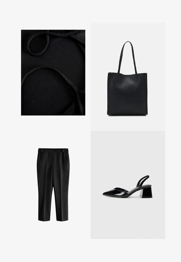 Țesătura de înot neagră are o textură netedă, bretele curbate și cusături plate, concepută pentru confort și flexibilitate în timpul utilizării.; Pantaloni scurți negri cu un croi relaxat, talie elastică și două buzunare frontale. Țesătura are o textură netedă cu un finisaj ușor lucios.; Pantofi cu toc slingback din piele lacuită neagră, cu vârf ascuțit și toc geometric. Prezintă un design elegant, minimalist și o textură netedă.; Geantă tote neagră din piele, cu textură netedă, formă rectangulară și două mânere lungi. Fără hardware vizibil sau ornamente.