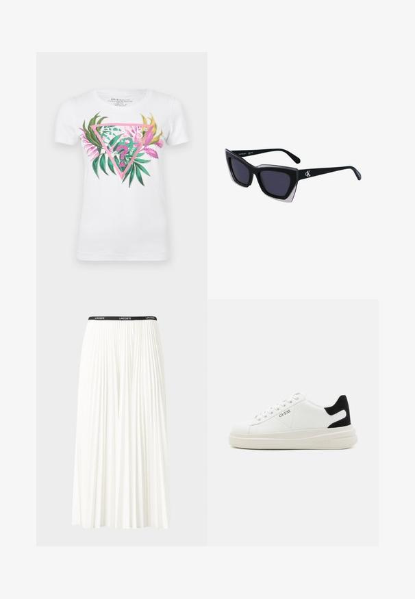 White cotton t-shirt featuring a colorful graphic with a pink triangular design, green leaves, and pink accents. Short sleeves and crew neck.; Pleated white skirt with a black elastic waistband featuring the "LACOSTE" logo. Mid-length design with soft texture.; White leather sneakers with a thick white sole, black suede heel accent, and embossed logo on the side. Laced design with six eyelets.; Black oversized sunglasses with a geometric shape, featuring dark lenses and a contrasting grey detail on the frame. Logo on the arm.