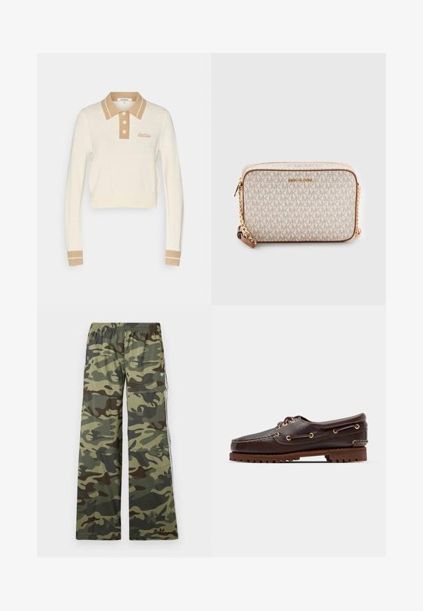 Gecropte crèmekleurige polo-trui met lange mouwen, beige kraag, knoopsluiting, manchetten en een klein geborduurd logo op de borst.; Camo-gepatroon cargobroek in tinten groen en bruin, met een wijdmodel, elastische tailleband en zijzakken met strepen.; Bruine leren bootsschoen met gouden oogjes, ronde veters en een gestructureerde bruine rubberen zool. Kenmerkt zich door gestikte details en een verhoogd logo.; Beige crossbody tas gemaakt van canvas met een herhalend MK-logo patroon, gouden hardware en een kettinghengsel. Heeft een ritsluiting en leren accenten.