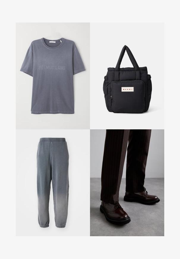 Grey cotton T-shirt with short sleeves, round neckline, featuring embossed "HELMUT LANG" logo across the front. Soft texture, casual fit.; Gray jogger pants with a soft texture, tapered ankles, side pockets, and a subtle gradient from dark to lighter gray. Elastic waistband at the top.; Brown leather lace-up shoes with a glossy finish, black rubber sole, and subtle stitching. Worn with pinstriped brown trousers.; Black puffy tote bag with two top handles, a front zip pocket, and a rectangular brand label in white and red. Soft, quilted texture.