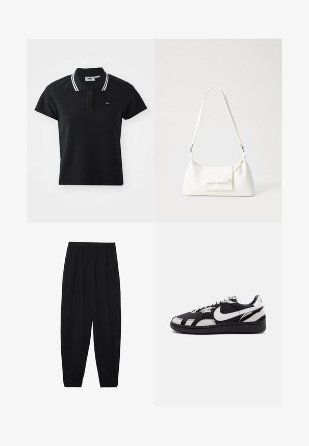 Čierne polo tričko s krátkymi rukávmi, rebrovanou štruktúrou, s dvoma gombíkmi na zapínaní a bielym pruhovaným golierom. Malé logo na hornej ľavej strane.; Čierne, ľahké nohavice s elastickým pásom a zúženými nohavicami. Tkanina je hladká a má voľný, zúžený strih.; Čierne a biele tenisky s textúrovaným zvrškom, vybavené výrazným bielym Swooshom Nike a čiernou podrážkou, šnurovaním a vzorovanými akcentmi.; Biela syntetická kabelka s trojuholníkovým tvarom, plochým predným klapkou a detailom mašle, nastaviteľným popruhom, hladkou textúrou a minimalistickým dizajnom.