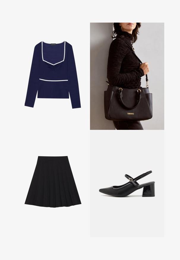 Hosszú ujjú sötétkék felső négyzet alakú nyakkivágással, redőzött középrésszel, és fehér díszítéssel a nyak körül és a deréknál; rugalmas anyagból készült.; Fekete, pliszírozott szoknya texturált anyagból, szűk derékpánttal. Térd alá ér, sima, letisztult vonalvezetéssel.; Fekete lakk bőr, pántos magassarkú cipő, hegyes orral, lekerekített kivágással és tömbsarkal. Arany színű csat díszíti.; Fekete kézitáska texturált felülettel, dupla felső fogantyúval és állítható vállpánttal. Arany színű fém kiegészítők és oldalsó zsebek találhatók rajta.