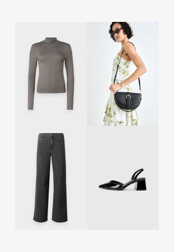 Szürke bordázott, hosszú ujjú garbó, ellaposított kialakítással és puha textúrával. Magas nyakkivágással és karcsú fazonnal rendelkezik.; Sötét szürke denim széles lábú farmer, diszkrét zebra mintás textúrával, kontrasztos varrással és öt zsebes kialakítással, gombos zipzárral.; Fekete lakk bőr szandálkés magas sarkú cipő, hegyes orral és geometrikus tömbsarkakkal. Karcsú, minimalista dizájn és sima textúra jellemzi.; Fekete bőrtáska ívelt formával, levehető pánttal és arany színű fémrészekkel. A táskán egy csattal díszített fedél található.