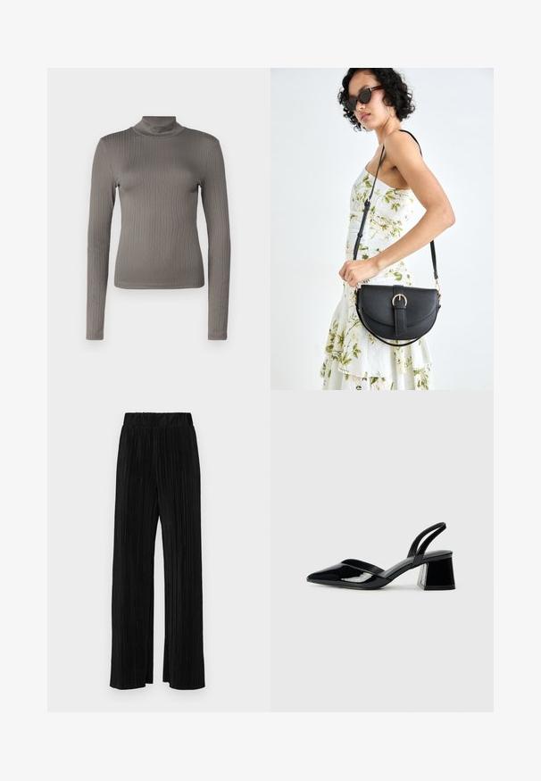 Pelēks ribots garām piedurknēm turtlenecks tops ar pieguļošu dizainu un mīkstu tekstūru. Iezīmē augstu kakla izgriezumu un slaidu siluetu.; Melni plīšu bikses ar elastīgu jostu. Tām ir platākas kājas un gluda, teksturēta auduma ar vertikālām svītrām.; Melna lakota āda ar atvērto papēdi, ar smailu purngalu un ģeometrisku blokpapēdi. Iezīmējas elegants, minimāls dizains un gluda tekstūra.; Melnas ādas rokassoma ar izliekta formu, noņemamu siksnu un zelta aksesuāriem. Somai ir vāciņš ar sprādzes detaļu.