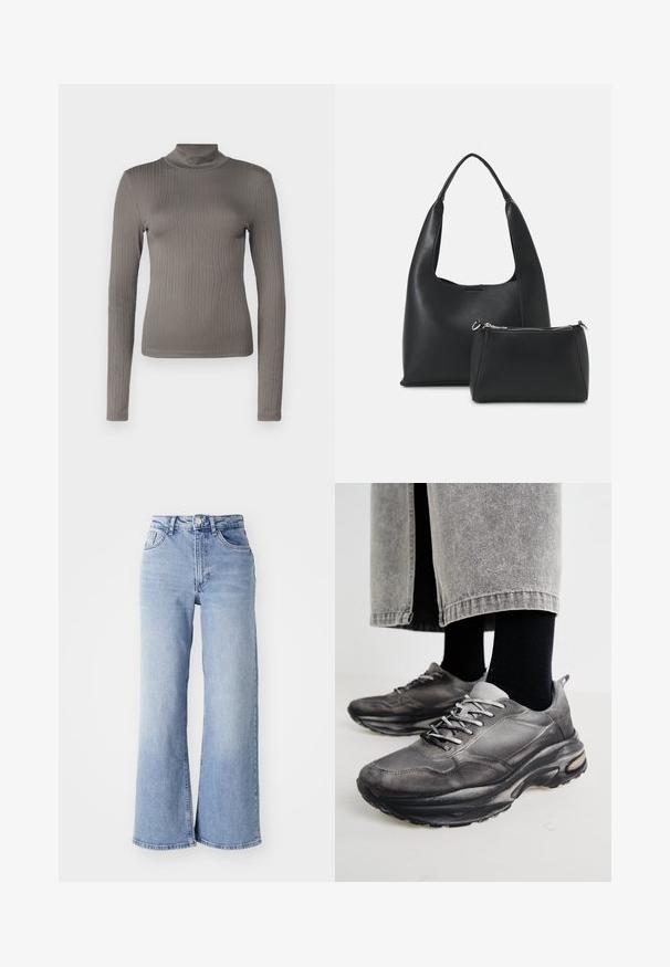 Top de gola alta cinza, com mangas longas e um design justo, feito de um tecido macio. Apresenta um decote elevado e uma silhueta elegante.; Jeans de cintura alta, de perna larga, em azul claro, com bolsos frontais e traseiros, fecho de botão e desbotamento subtil nas coxas e nas bainhas.; Sapatilhas atléticas pretas e cinzentas apresentam um upper em malha, solas espessas e atacadores. Têm um bico arredondado e detalhes de amortecimento visíveis.; Even&Odd Mala de mão - black