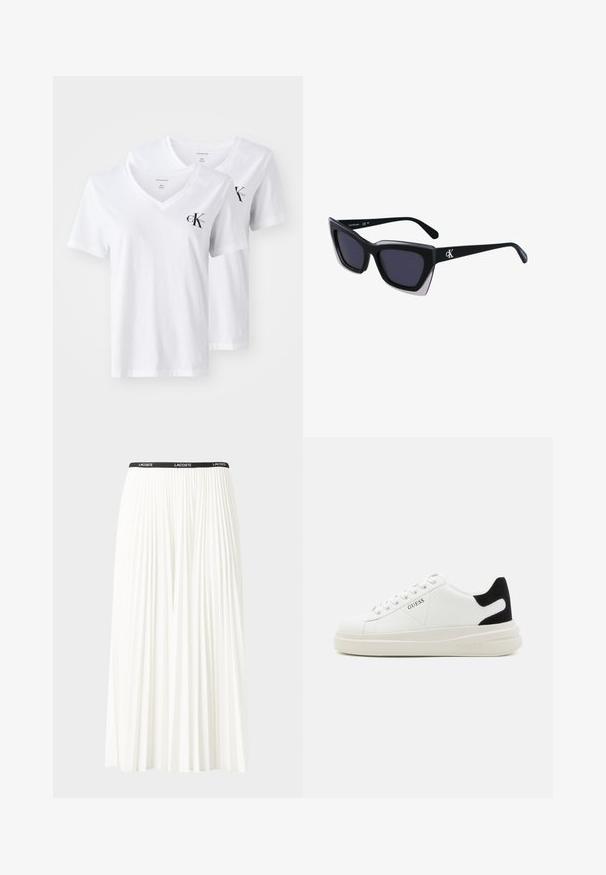 To hvide bomulds t-shirts med v-udskæring, der har korte ærmer og et lille sort 'Calvin Klein' logo på venstre bryst.; Plisseret hvid nederdel med en sort elastisk talje, der har "LACOSTE"-logoet. Mellemlang design med blød tekstur.; Hvide lædersneakers med en tyk hvid sål, sort ruskindhælvægt og prægede logoer på siden. Snørebåndsdesign med seks øjer.; Store sorte oversized solbriller med geometrisk form, med mørke linser og en kontrasterende grå detalje på stellet. Logo på armen.