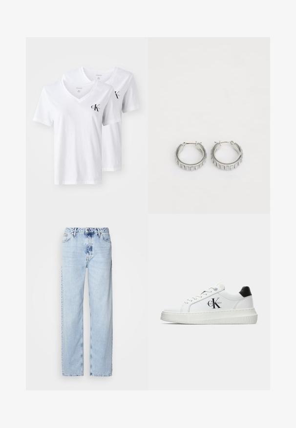 Dvoje bielych bavlnených tričiek s výstrihom do V, ktoré majú krátke rukávy a malé čierne logo 'Calvin Klein' na ľavej strane hrude.; Svetlomodré široké džínsy vyrobené z denimu, s vysokým pásom, vyblednutým umývaním a jemným vzorom batikovania na prednej strane.; Biele nízke tenisky s čiernym pätkovým dielom, platformovou podrážkou, šnúrkami a logom "CK" značky Calvin Klein na boku.; Strieborné kruhové náušnice s textúrovaným dizajnom, ktorý obsahuje vertikálne ryhy. Obdĺžnikový tvar so zabezpečovacím uzáverom. Hladký povrch.