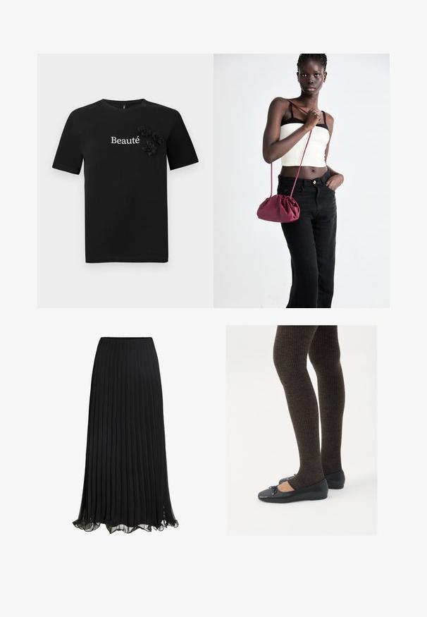 Black cotton t-shirt featuring short sleeves, a crew neck, and the word "Beauté" in white, adorned with three fabric flower accents.; White short-sleeve t-shirt with a V-neck featuring a delicate lace trim on the neckline and sleeve edges, made from lightweight fabric.; Black pleated maxi skirt made of lightweight fabric with a flowing design. Features a ruffled hem and elastic waistband for comfort.; Black flat shoes with a small bow detail at the toe, paired with dark brown ribbed tights. Shoes have a smooth texture and low profile.; Burgundy soft fabric handbag with a gathered design and a long strap, worn crossbody. Model wears a white crop top and black jeans.